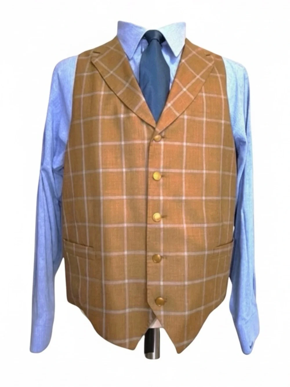 Tom James Custom 3-Piece Suit | Windowpane | Gold Buttons | Classic Tailored
